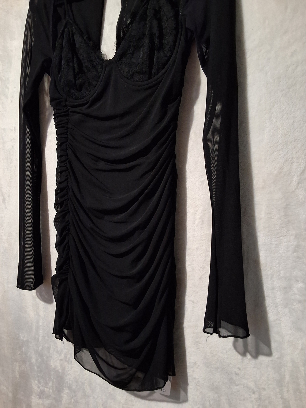 Women’s Long Sleeve Black, Ruched, Lace & Mesh Dress - Picture 2 of 12